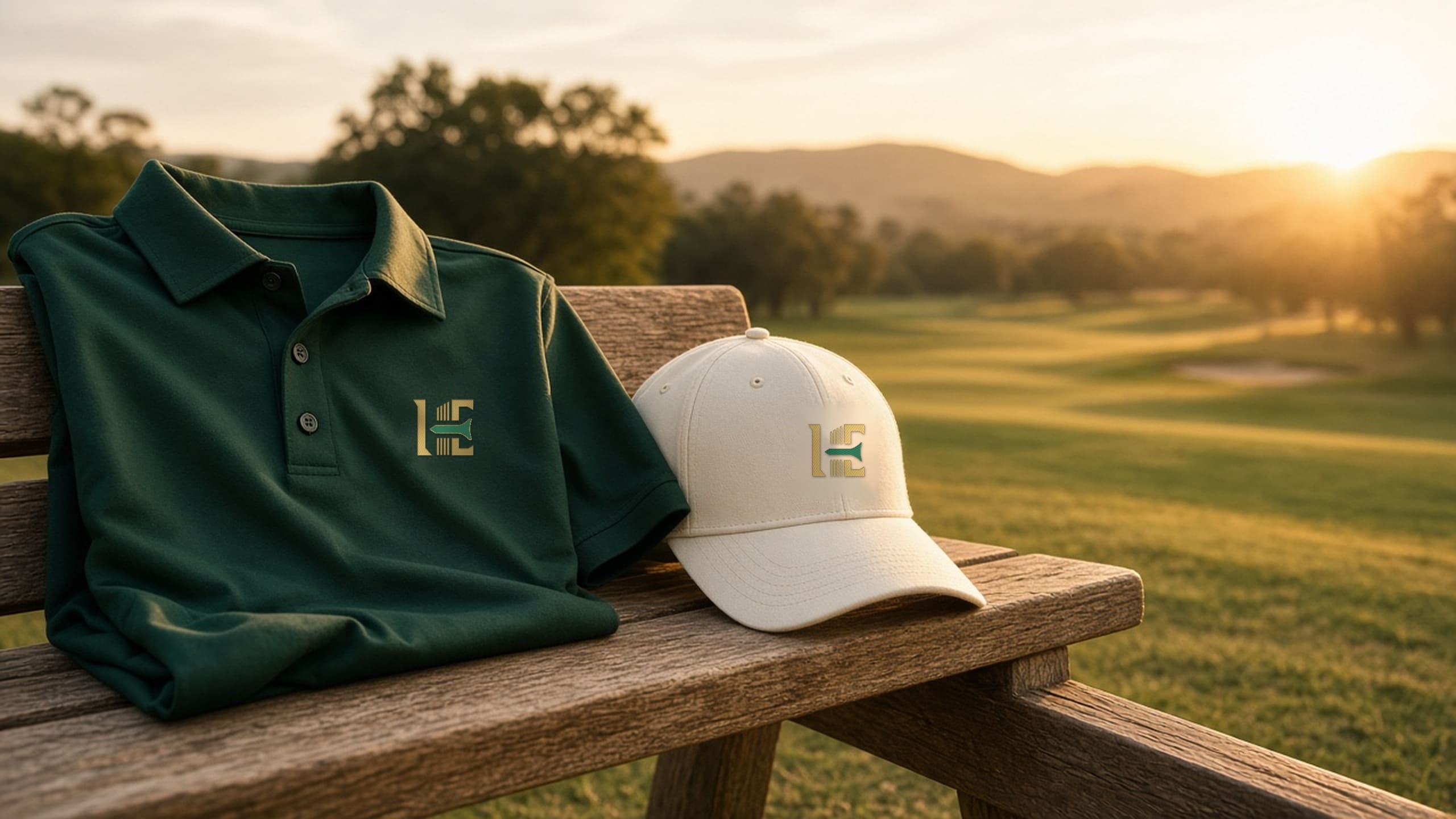 A green CutLine polo and a cream cap on a wooden bench beside a golf course at sunset