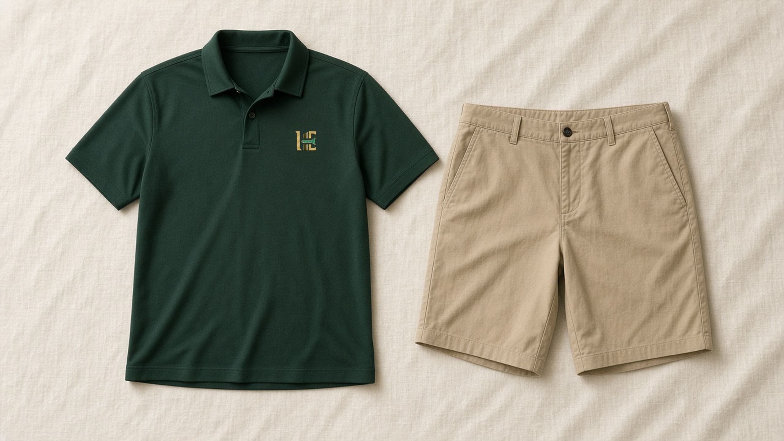 A green golf polo and khaki shorts laid flat