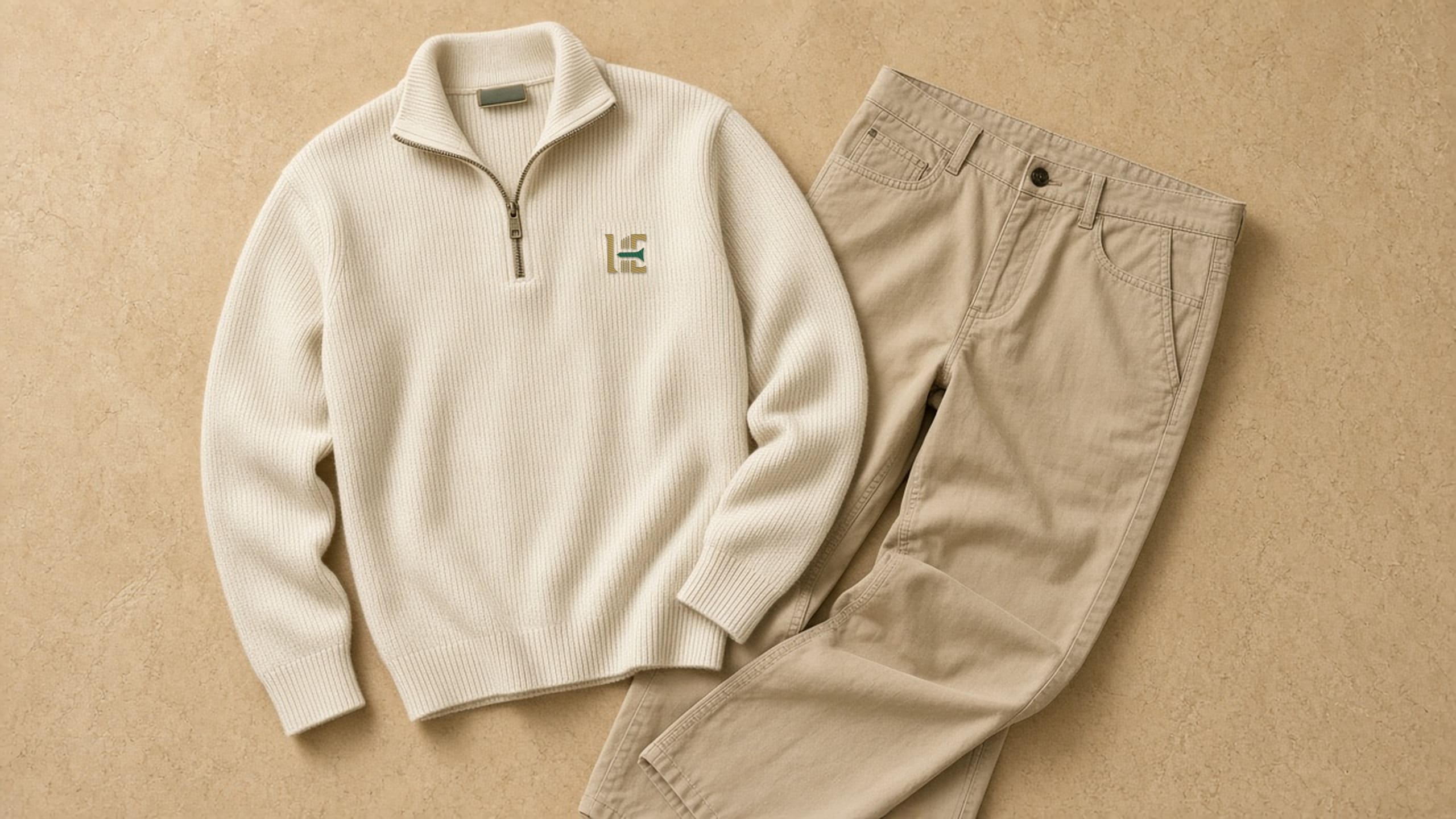 A cream quarter-zip jumper and chinos laid flat