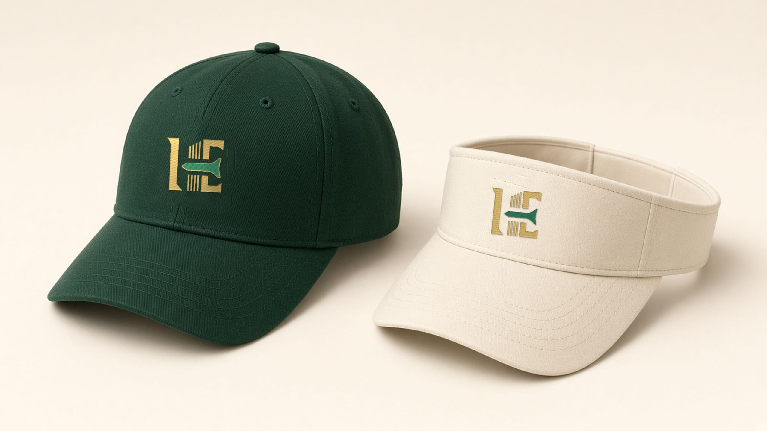 A green golf cap and a cream visor