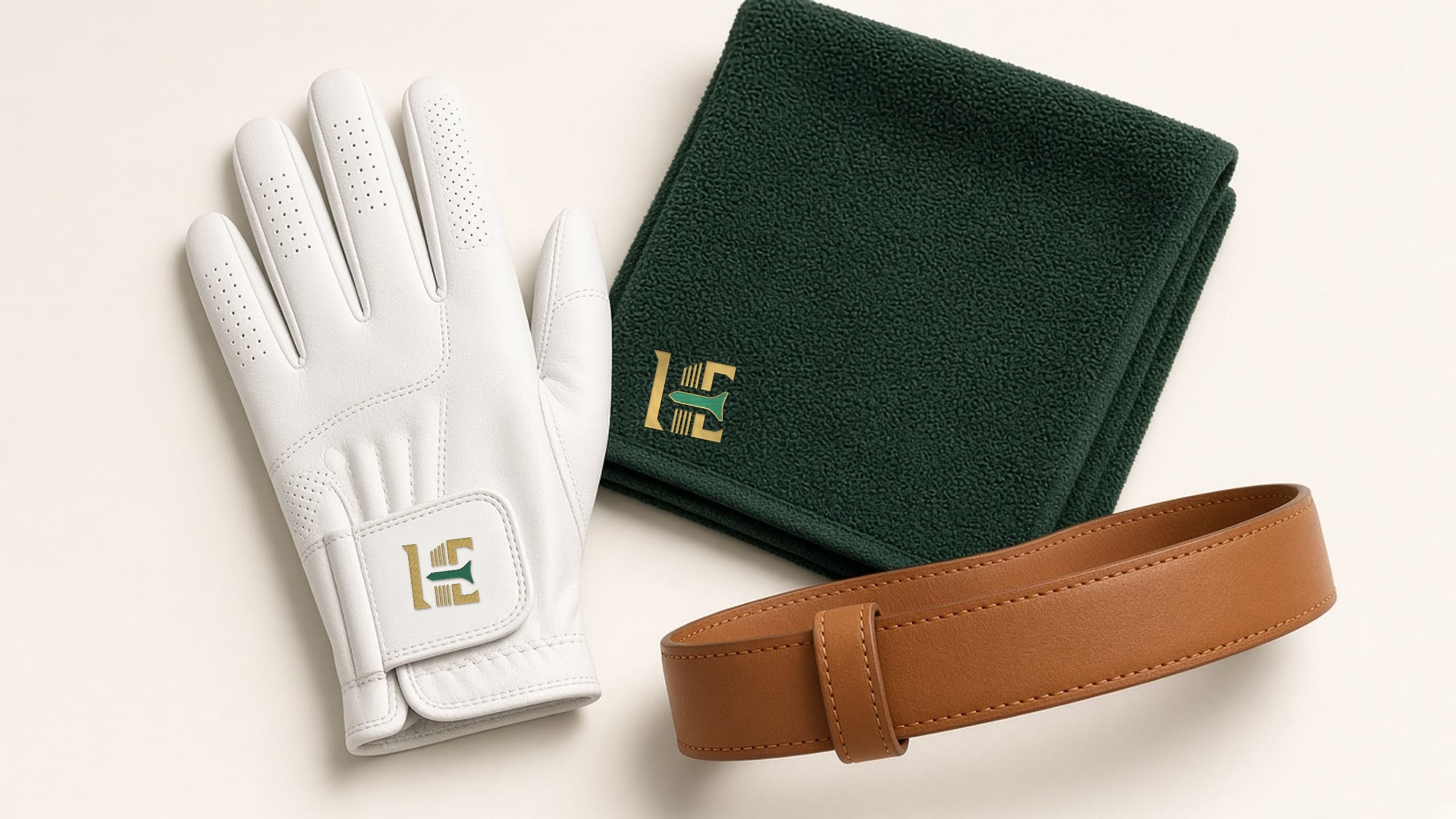 A white golf glove, a green towel and a tan leather belt